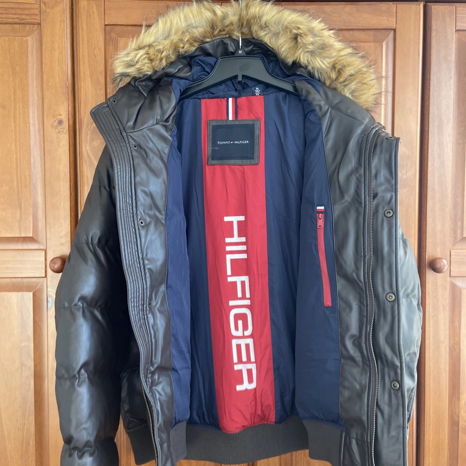 Tommy Hilfiger  Brown Faux Leather Short Snorkel Faux Fur Hood Jacket  XL   $325 - Image 4 of 4