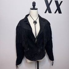 Vintage 80s Black Suede Fringe Cropped Jacket Corset Western Festival L