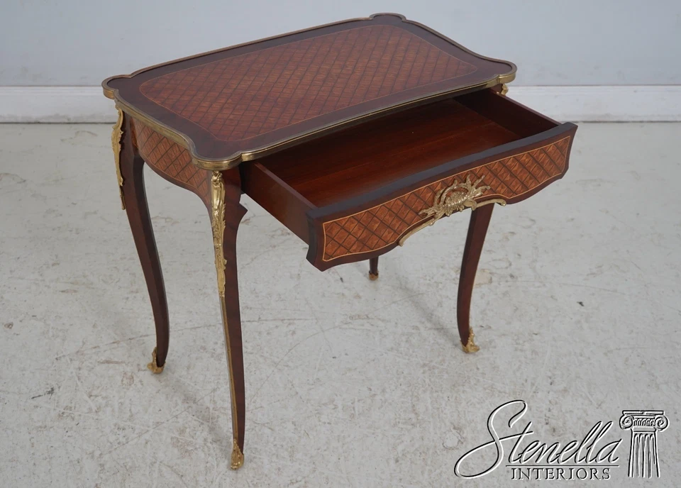L69487: Louis XV Style Parquetry Inlaid Mahogany Side Table w. Drawer - Image 3 of 4