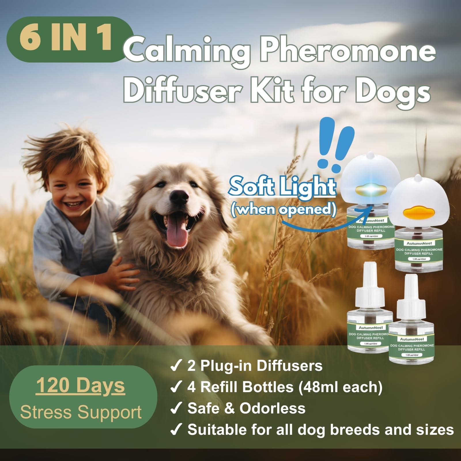 Dog Pheromone Calming Diffuser Kit, Pet Diffuser Kit (2 Plug-in + 4 Packs 48m...