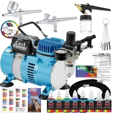 Master 3 Airbrush, Air Compressor & Hose Kit, 6 Primary Colors Acrylic Paint Set