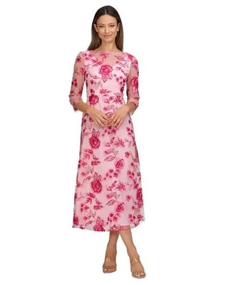 Js Collections Women Nadine Embroidered 3/4-Sleeve Party Dress Rose Shadow SZ 10