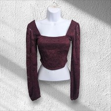 NWT Altar'd State Burgundy Lace Embroidered Crop Top Bustier Long Sleeve XS