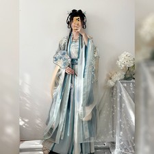 Plus Size Butterfly Blue Hanfu Set Song-Style Robe with Wide Sleeves