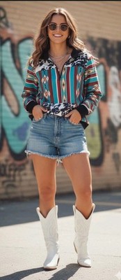 Crazy Train Pullover Womens Small Southwestern Aztec Cow Print Half Zip Sweater