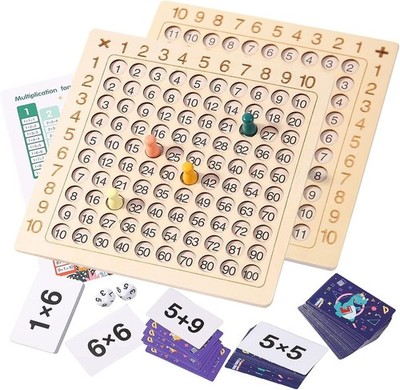 2 in 1 Math Board Game for Kids - Wooden Double Sided Table with Dice and Cards