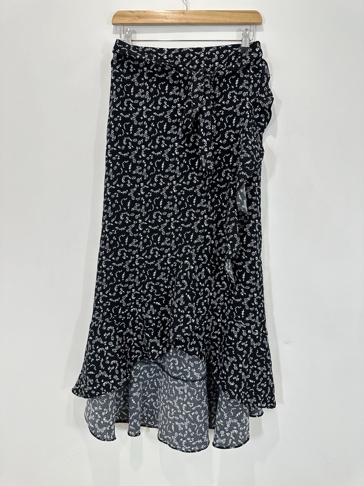 Decjuba Maxi Skirt Women M (12) Black Floral Faux Wrap Elastic Waist Tie Stretch