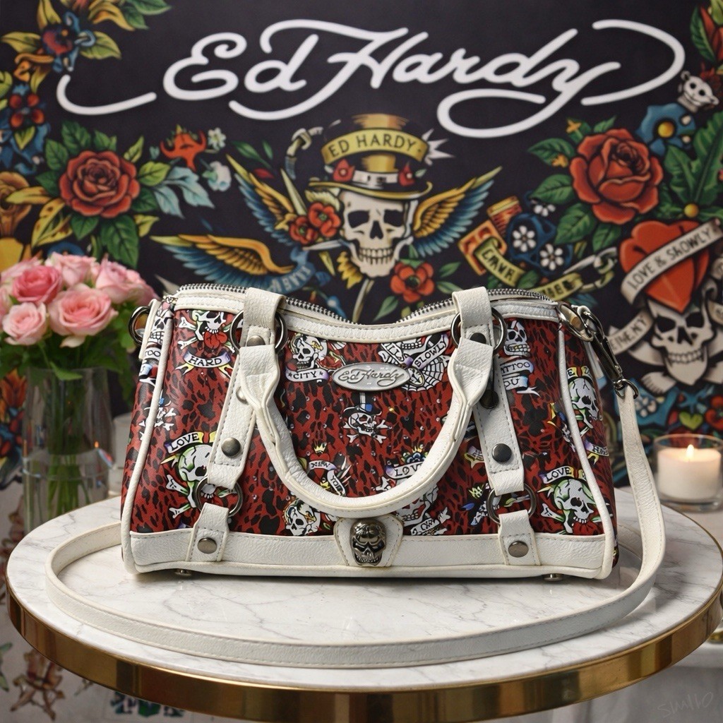 Ed Hard rhinestone Skull Cheetah Handbag White Crossbody Bag Satchel Skulls