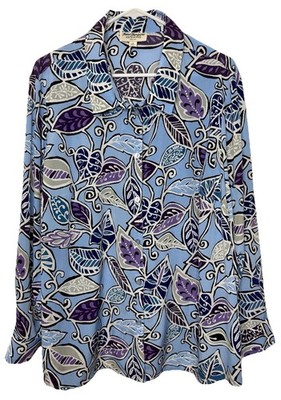 Vintage Norm Thompson Womens 2X Blouse Blue Purple Leaf Button Up Shirt Top