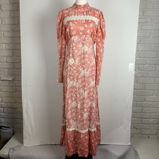 Vtg 60s 70s Maxi Prairie Dress Gown Floral Lace High Neck Cottage Modest Trad M