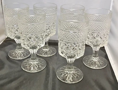Vintage Anchor Hocking Wexford Goblets Diamond Pattern 6 5/8" Tall Set of 6