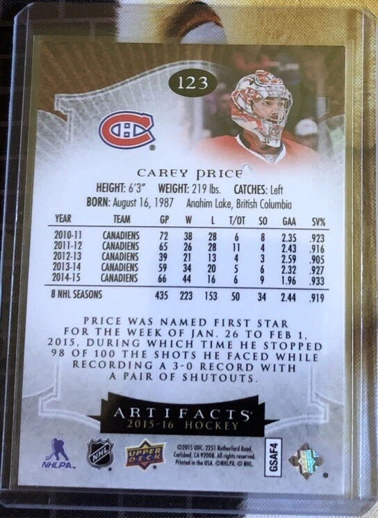 Carey Price Red 334/399 15-16 UD Artifacts Montreal Canadiens - Image 2 of 2