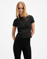 Image of All Saints Womens Karma Crochet Stevie T-Shirt Designer Slim Crew Textured Tee