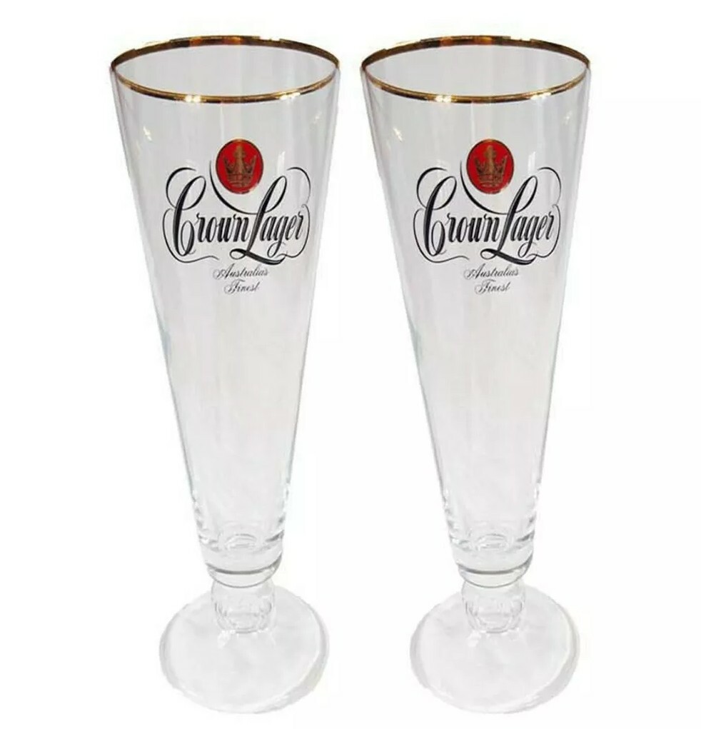 Crown Lager 2 x Vintage Flute Beer Glasses 300ml MInt' Unused 1980's