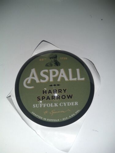 Aspall Harry Sparrow Cyder Plastic Round Beer Pump Tbar Font Badge Fish Eye Lens - Picture 1 of 2
