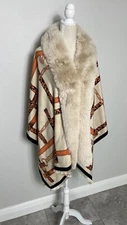 LA FIORENTINA Faux Fur Trim Shawl Wrap Jacket Equestrian Chain Poncho New OS