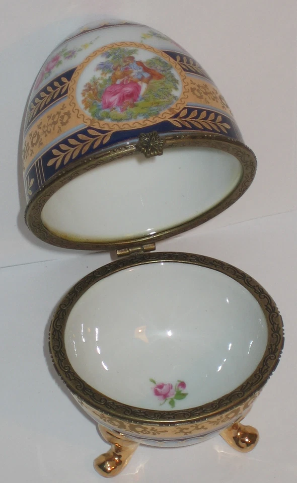 Ei Schmuckdose Porzellanei Zierdose Osterei Sammlerdose Rosen Liebespaar ma 12cm - Bild 2 von 4