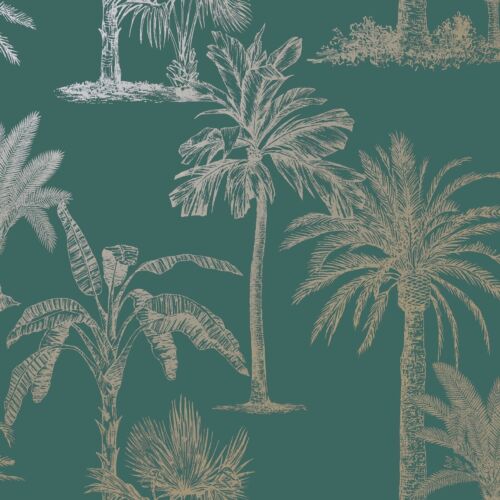 Gold Teal Tropical Wallpaper Holden Exotic Glistening Palm Trees Metallic Green - Picture 1 of 3
