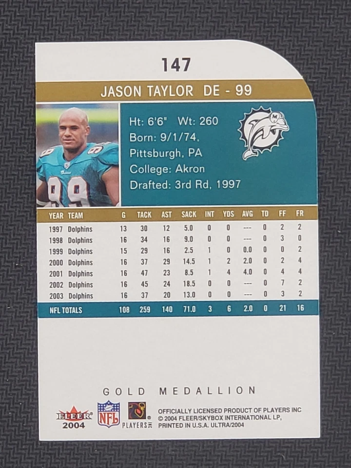 2004 Fleer Ultra Gold Medallion Jason Taylor #147 HOF - Image 2 of 2