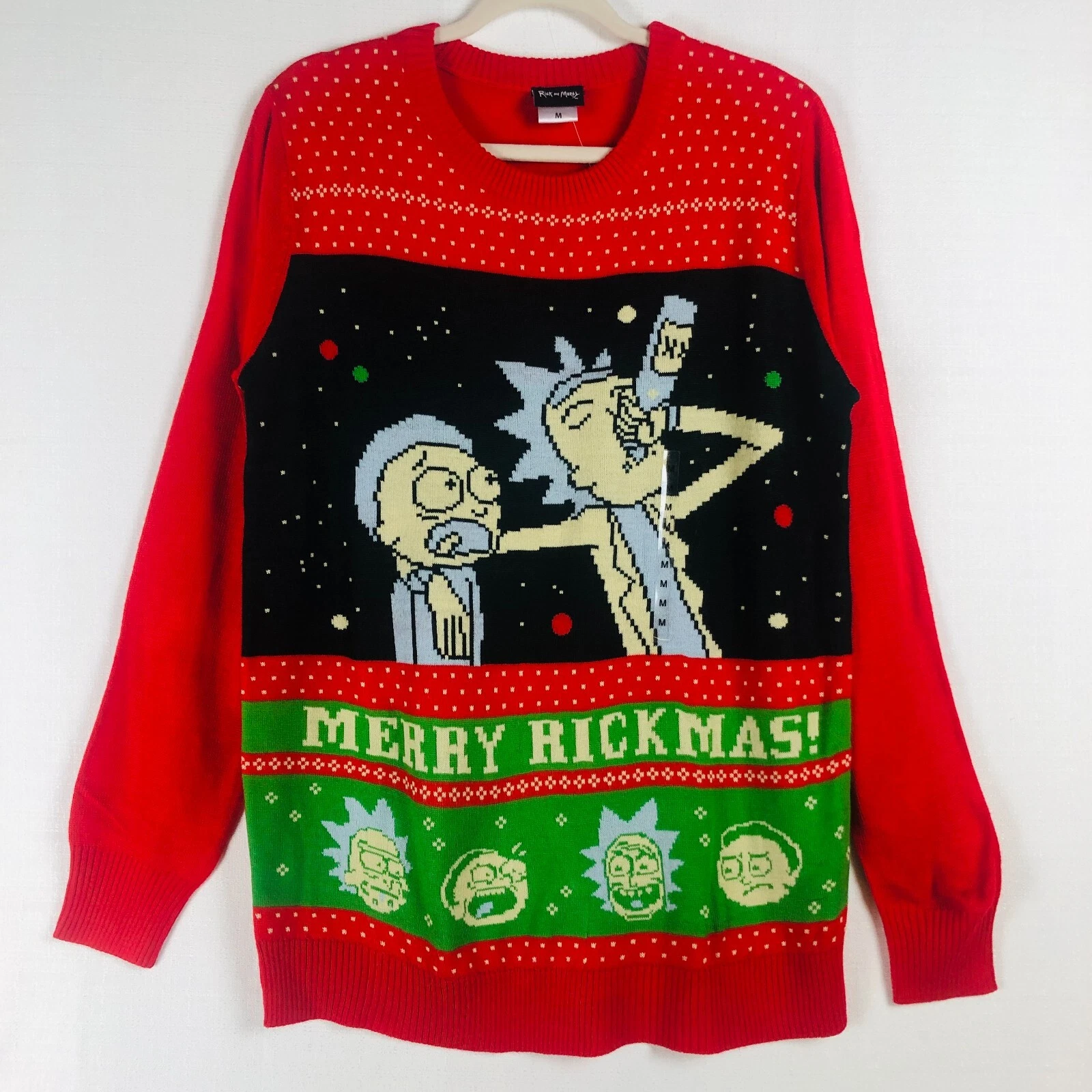NWT Rick and Rickandmorty UGLY Christmas Sweater Size Medium Red Graphic Weave