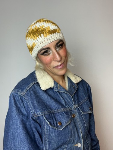 METALLIC GOLD Harvest Yellow 70’s 70s Vintage Wool Acrylic Skull Cap Beanie Hat - Picture 10 of 11
