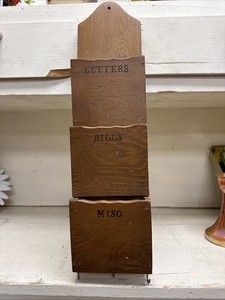 Vtg Wood Hanging Mail Organizer Holder Letters Bills Misc Wall Mount 21.5"