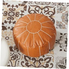 é Pouf Ottoman Cover, Handmade Faux PU Leather Moroccan Style, Unstuffed Orange