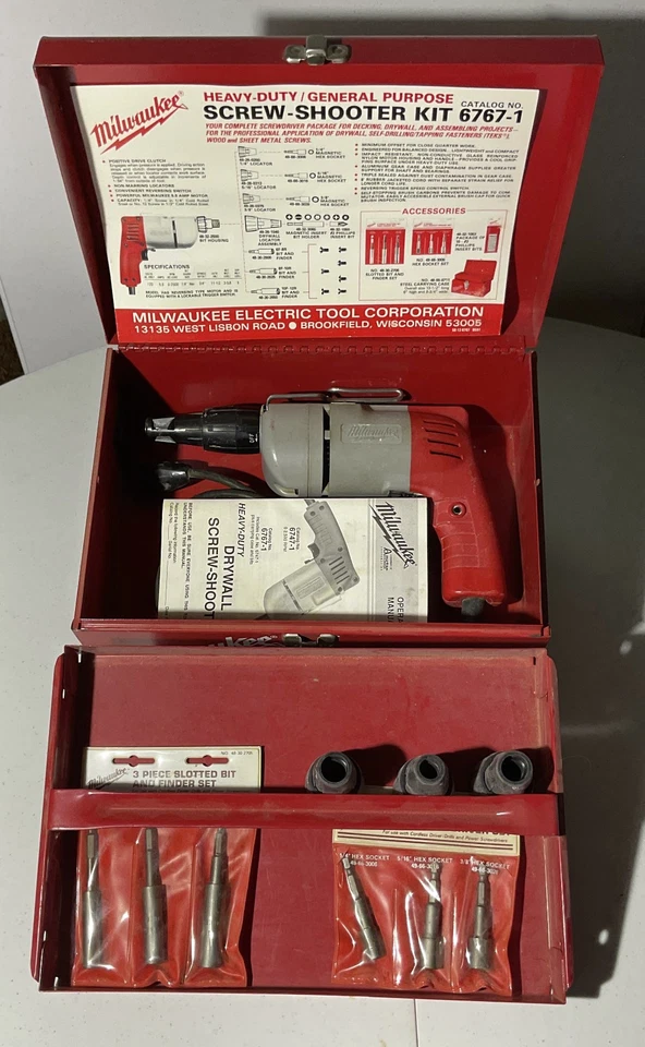 Vintage Milwaukee 6767-1 Screw-Shooter Kit w/ Case Accessories Drywall Gun - Image 2 of 2