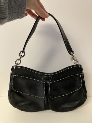 Tod s Italy Black Leather Shoulder Bag Contrast Stitching Silver Hardware 