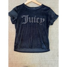 Juicy Couture Baby Tee Shirt Womens Size M Black Studded Spell Out Velour Short