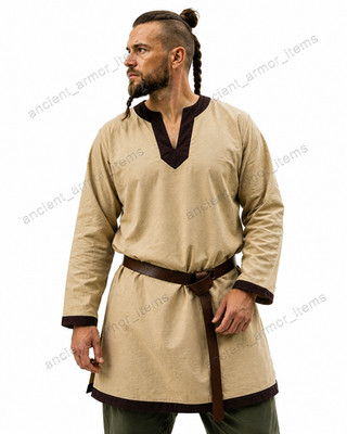 Medieval Viking Tunic Mens Cotton Renaissance LARP Costume Shirt Long Sleeve S-5