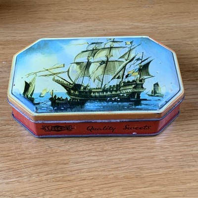 Vintage Welch's Quality Sweets 4oz Dose Achteckiges Segelschiff Galeone ca. 1950er