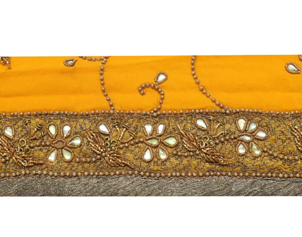 Sushila Vintage Yellow Saree Border Indian Craft Sewing Trim Hand Beaded Ribbon - Image 2 of 4