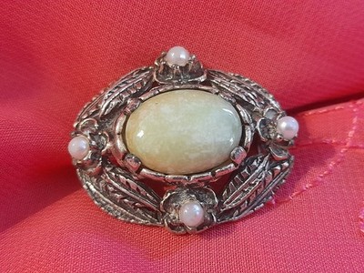 VINTAGE WUNDER ZINN KELTISCHES BLATT DESIGN GRÜNER CABOCHON ACHAT STEIN KUNSTPERLEN