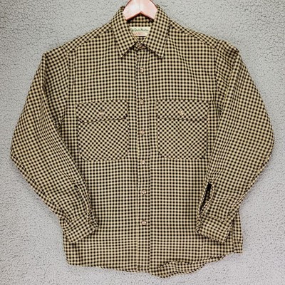 Gander Mountain Quiet + Shirt Mens M Tan Checkered Plaid Vintage Hunting USA 80s