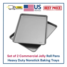 Set of 2 Commercial Jelly Roll Pans Heavy Duty Nonstick Baking Trays