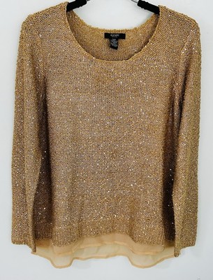 Alfani Petite Women's PM Sweater Gold Sequin Metallic Sparkles Long Sleeve