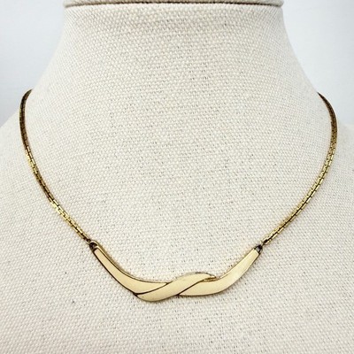 Monet Vintage 80s Necklace Cream Enamel Crossover Gold Tone Modern