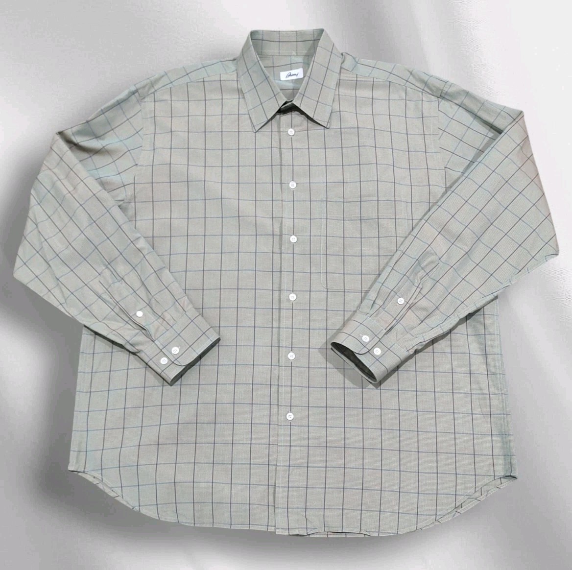 Brioni Dress Shirt Men's XL Cotton Sage Green Full Cut Windowpane Check Italy