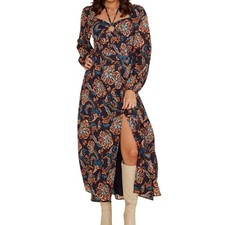 NWT MinkPink Whilla Navy Multi Paisley O-Ring Tie Neck Midi Dress Size Large