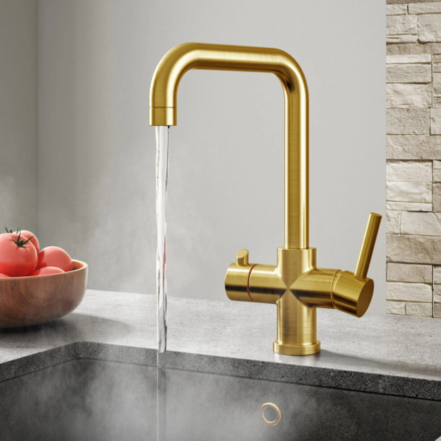 Vellamo Kaffee 3-in-1 Instant Warmwasserhahn mit Kesseleinheit Filter gebürstet gold