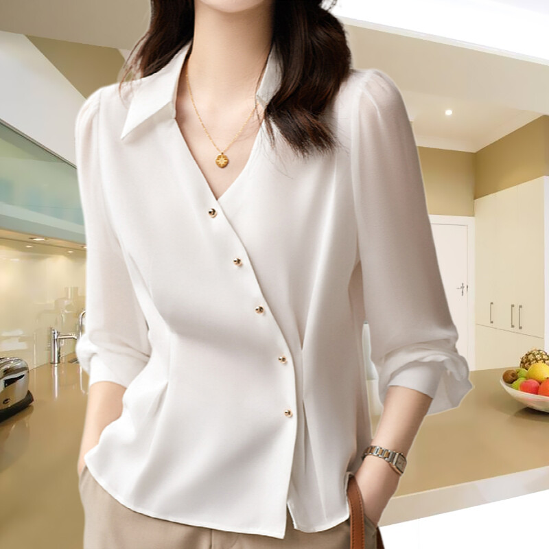 Women Summer Business Casual Office Spring Pleated Slim Waist Shirt Blouse  Top