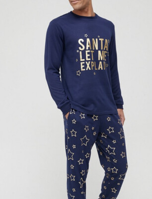 V By Very Herren Folie Stern Weihnachten Pyjama Set Spruch Navy Blau Gold Größe M