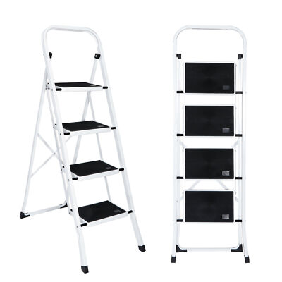 Steel Folding 4 Step Stool Ladder Adults with Wide Anti-Slip Pedal 330lbs White
