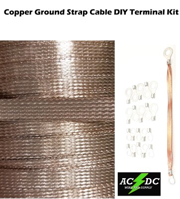 10' Copper Ground Strap Cable KIT + DIY Terminal Kit 3/8''  FLAT Braid Wire