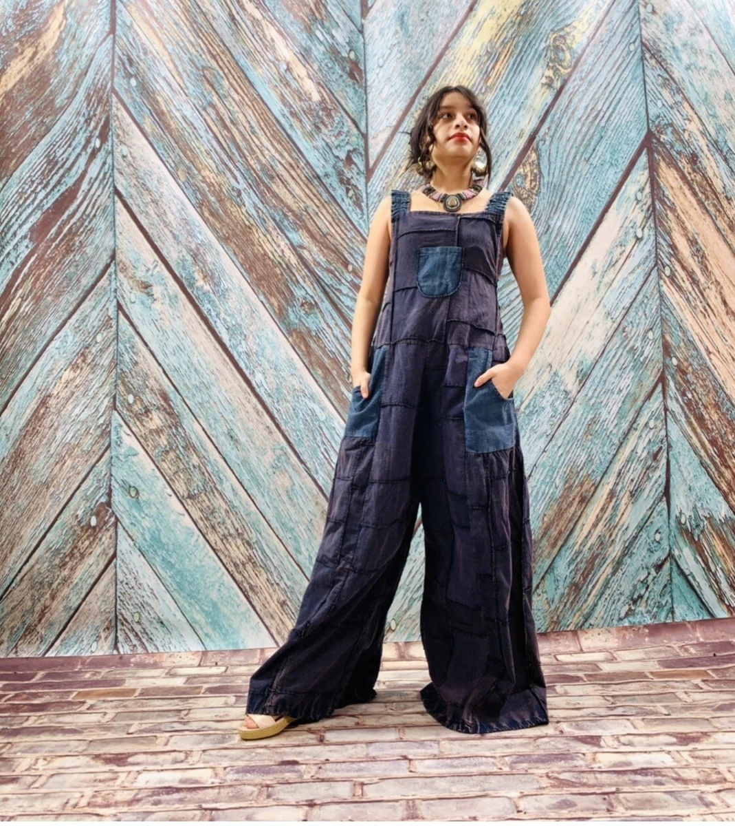 Handmade Boho Baggy Hippy Patchwork Overall Maxi Wide Leg Jumpsuit One Size