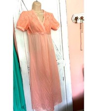 Vintage Regency Apricot Negligee Robe Made in France Floral Lace Nightgown