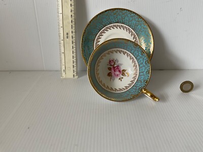 SELTENE VINTAGE AYNSLEY PORZELLAN ENGLAND TASSE UNTERTASSE FLORAL TÜRKIS SCHWER VERGOLDET