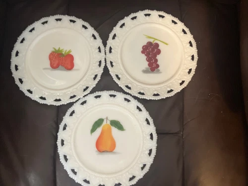 Set of 3 Vintage 60s Kemple White Milk Glass lace edge Fruit Plates Hand Painted