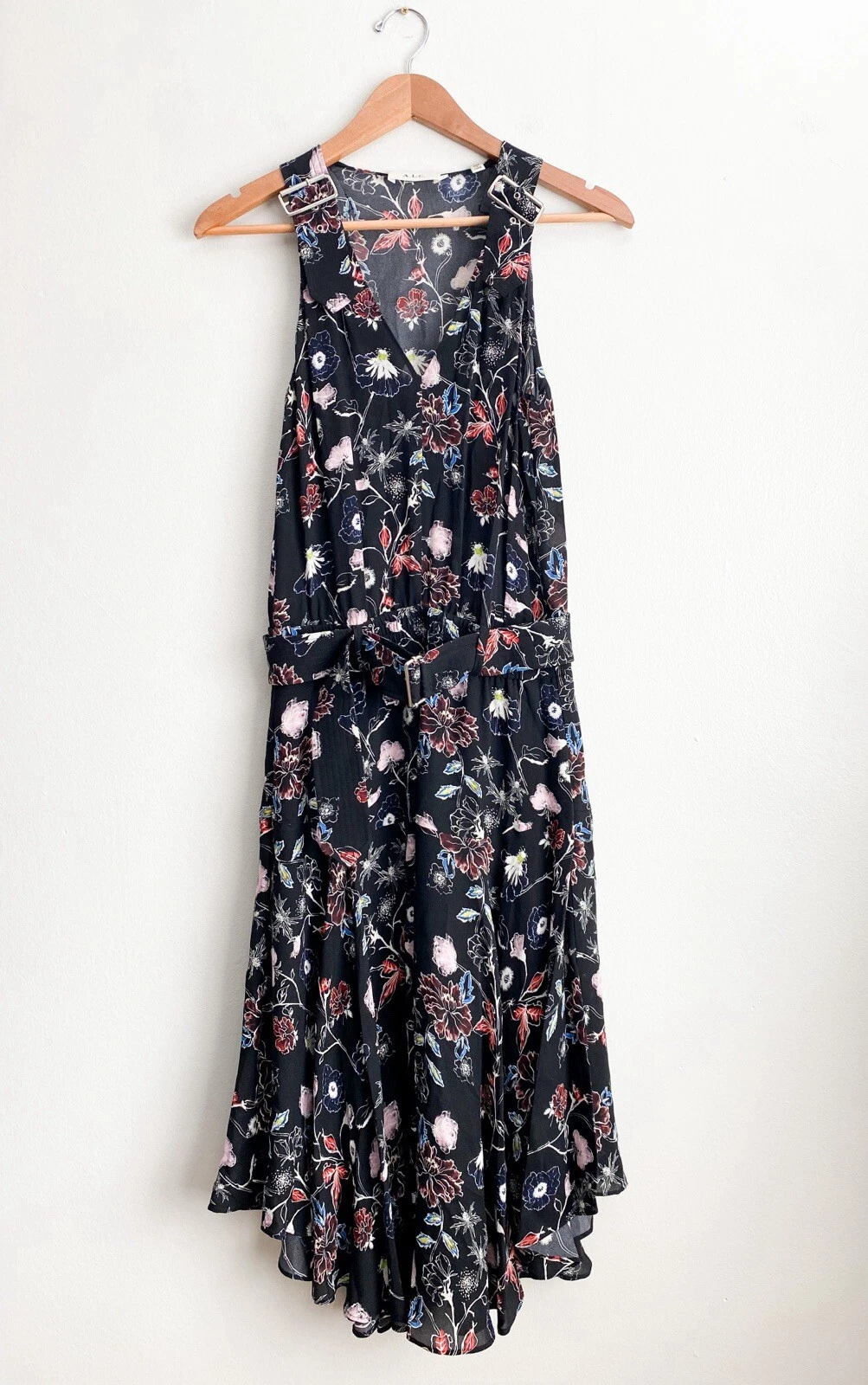 VALENTINO Abito midi A.L.C seta costello floreale senza maniche fibbia nero rosso bianco formale
